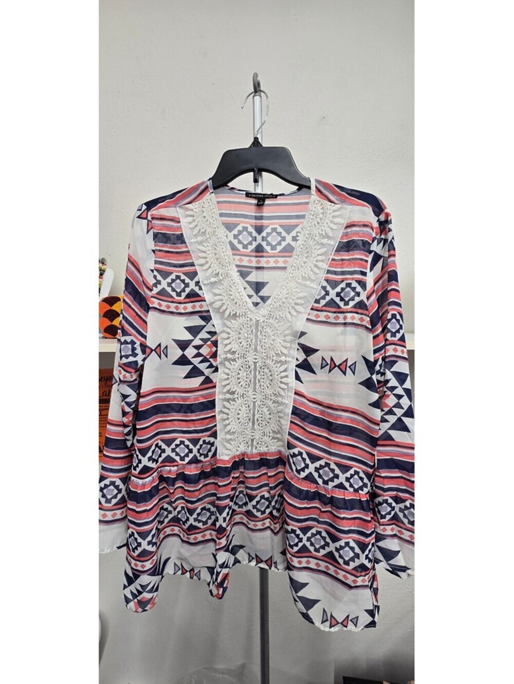 Signature Studio Boho Geometric Lace-Trim Blouse – Size Large